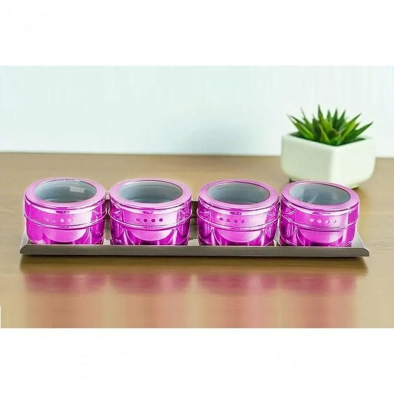 Kit Porta Temperos Magnético 4 Unidades Em Aço Inox Com Suporte Metálico Para Cozinha Roxo Wellmix