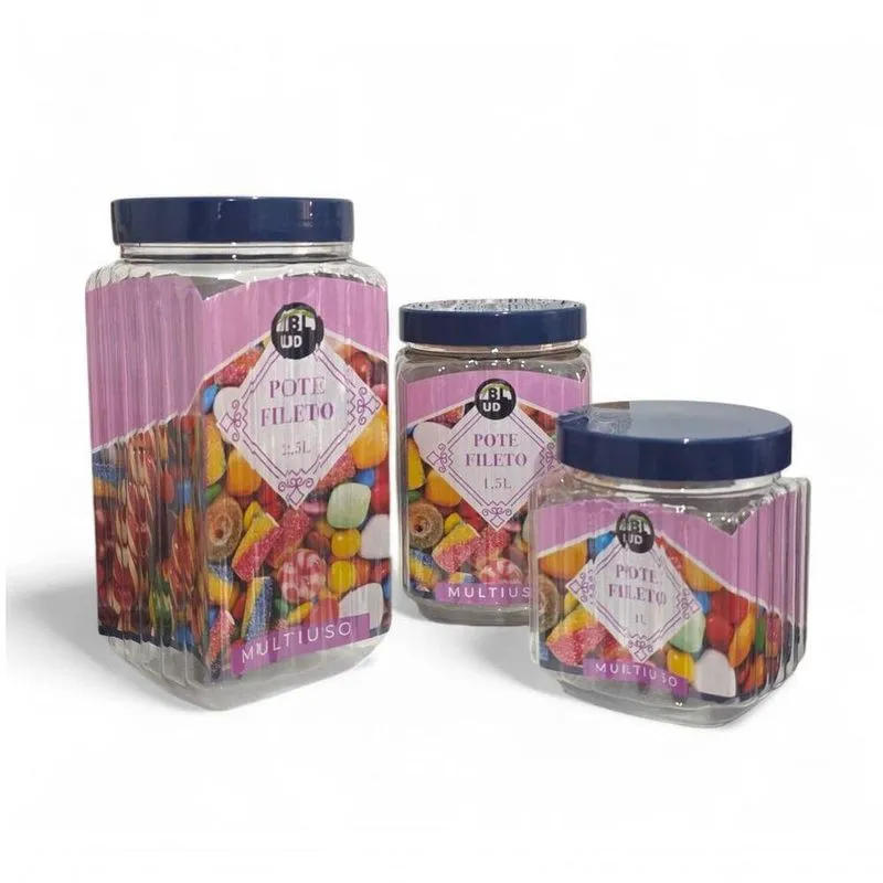 Kit 3 Potes Fileto Porta Mantimentos Doces P M G Plástico Cozinha Azul Azul