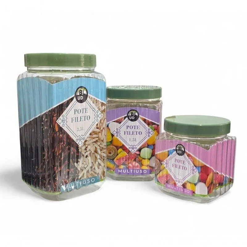 Kit 3 Potes Fileto Porta Mantimentos P M G Plástico Vedação Cozinha Verde