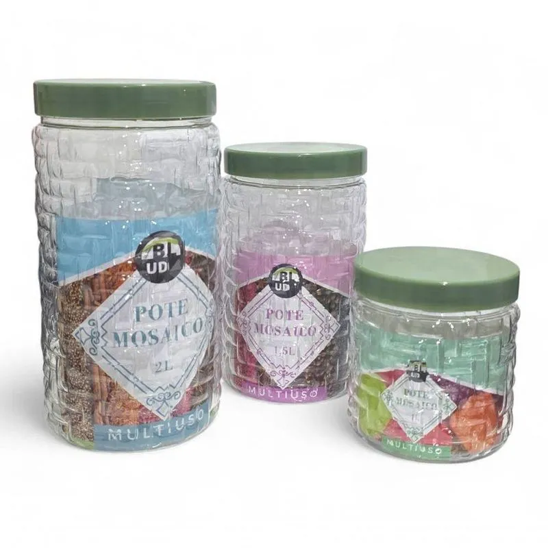 Kit 3 Potes Mosaico Cristal Porta Mantimentos Doces P M G Plástico Cozinha Verde