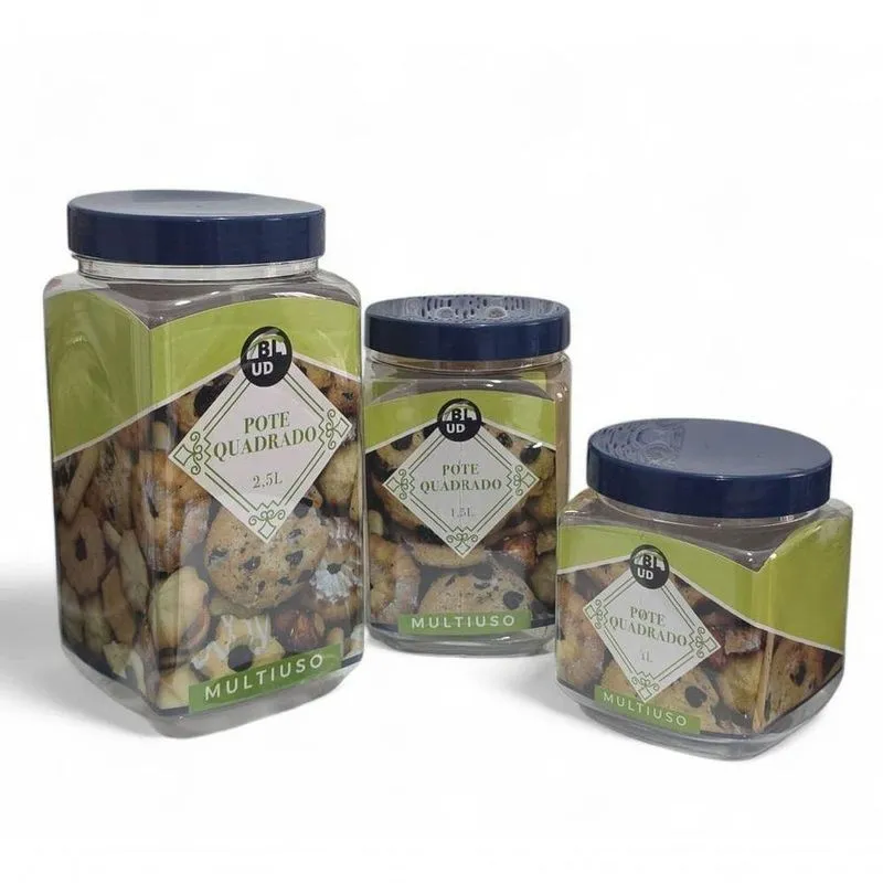 Kit 3 Potes Quadrado Porta Mantimentos P M G Premium 1l 1,5l 2,5l Para Cozinha Azul