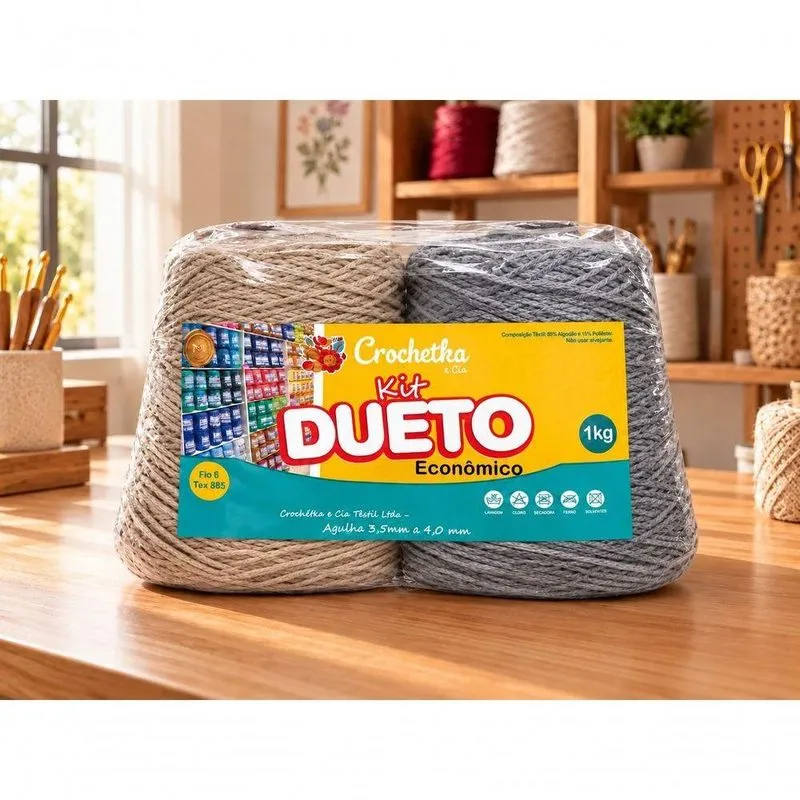 Barbante para Crochê Dueto 85% Algodão e 15% Poliéster 1kg Areia e Cinza 2 Rolos