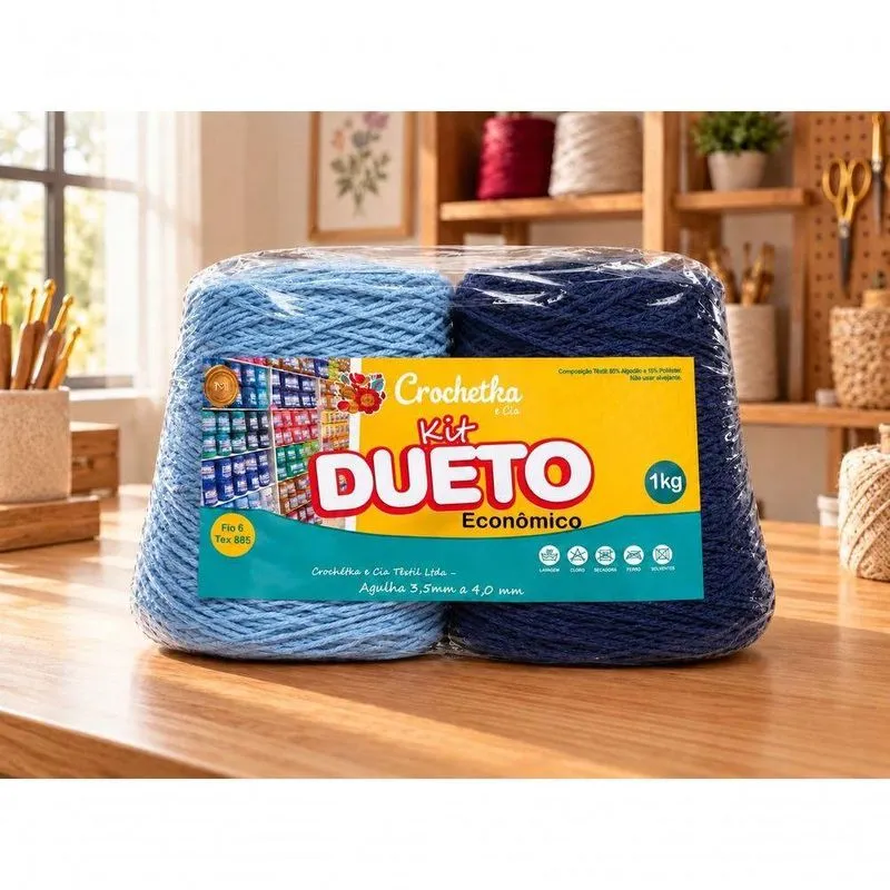 Barbante para Crochê Dueto 85% Algodão e 15% Poliéster Azul Claro e Marinho 2 Rolos