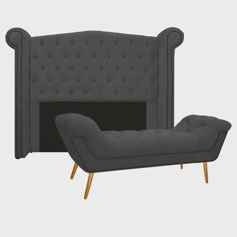 Kit Cabeceira e Calçadeira Veneza 160 cm Queen Size Corano Cinza - Amarena Móveis
