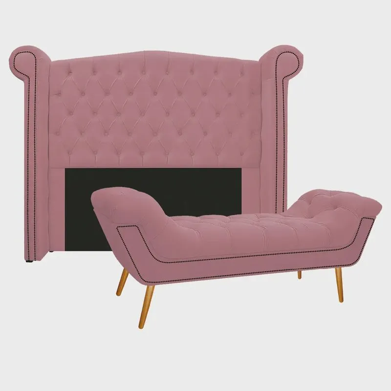 Kit Cabeceira e Calçadeira Veneza 160 cm Queen Size Suede Rosa Bebê - Amarena Móveis