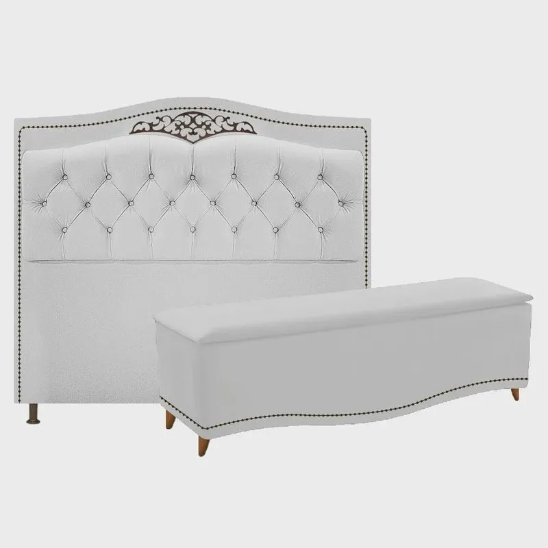 Kit Cabeceira e Calçadeira Yasmim 160 cm Queen Size Suede Branco - Amarena Móveis
