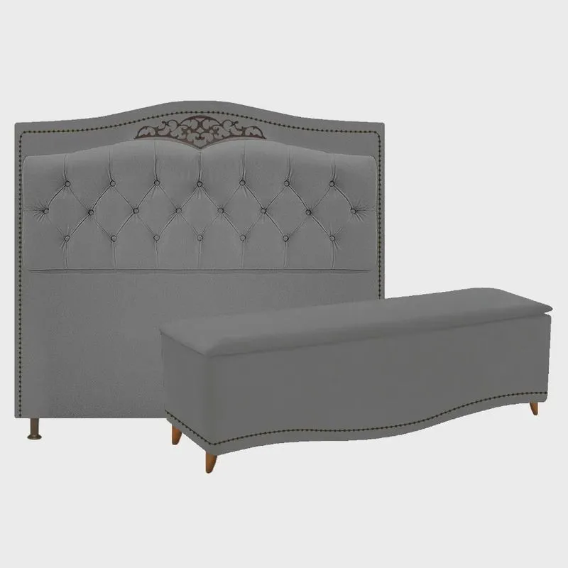Kit Cabeceira e Calçadeira Yasmim 160 cm Queen Size Suede Cinza - Amarena Móveis