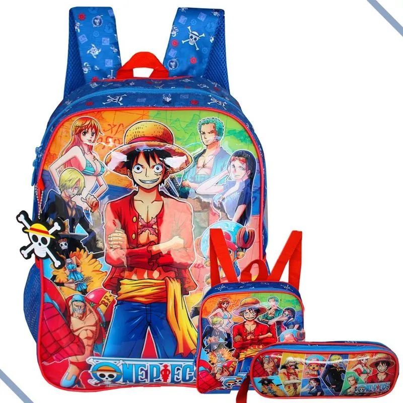 Mochila One Piece Costas + Estojo Duplo E Lancheira Escolar
