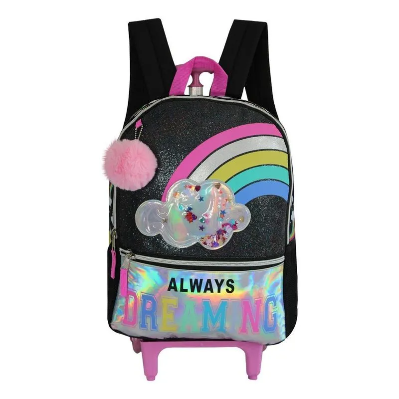 Mochila Escolar De Rodas Preta Arco Íris Infantil Feminina