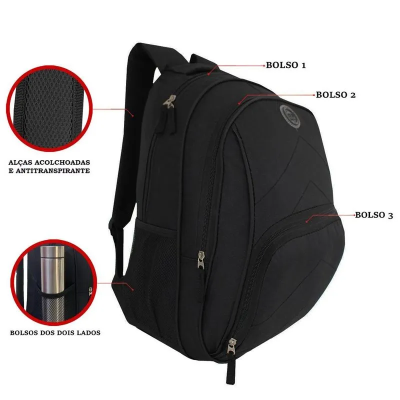 Kit Mochila De Costas + Estojo Duplo + Lancheira Térmica