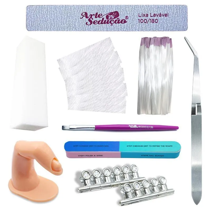 Kit Unhas Gel Lixa Polidora Dedo Postiço Pincel Fibra Pinça