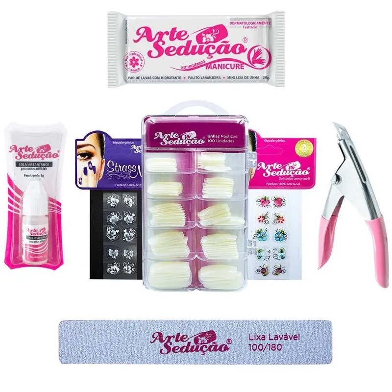 Kit Manicure Unhas Postiças Cola 3g Adesivos Lixa Alicate