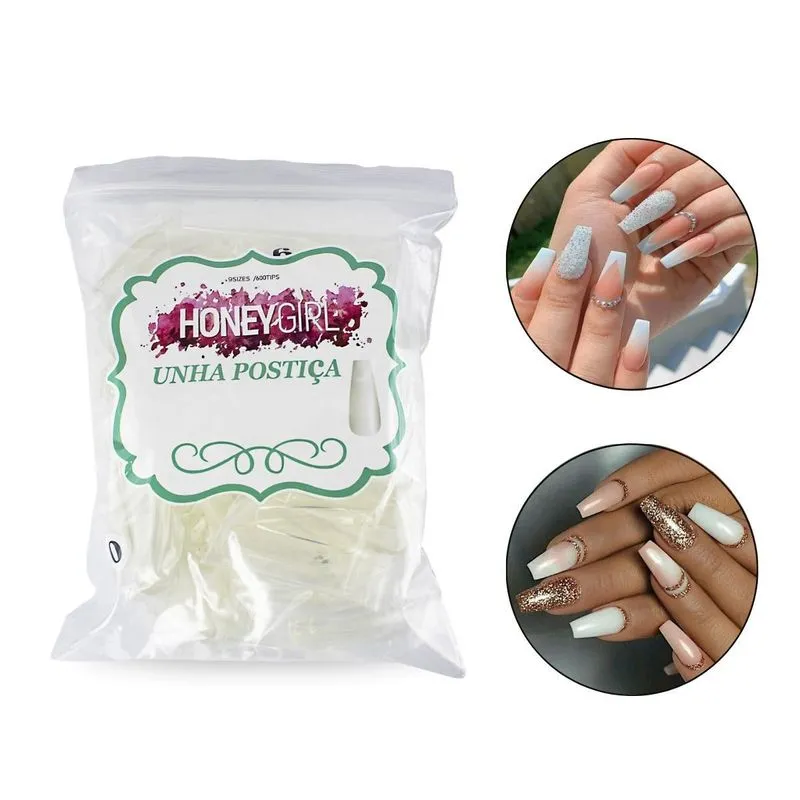 Kit 600 Unhas Postiças Bailarina Realista Transparente