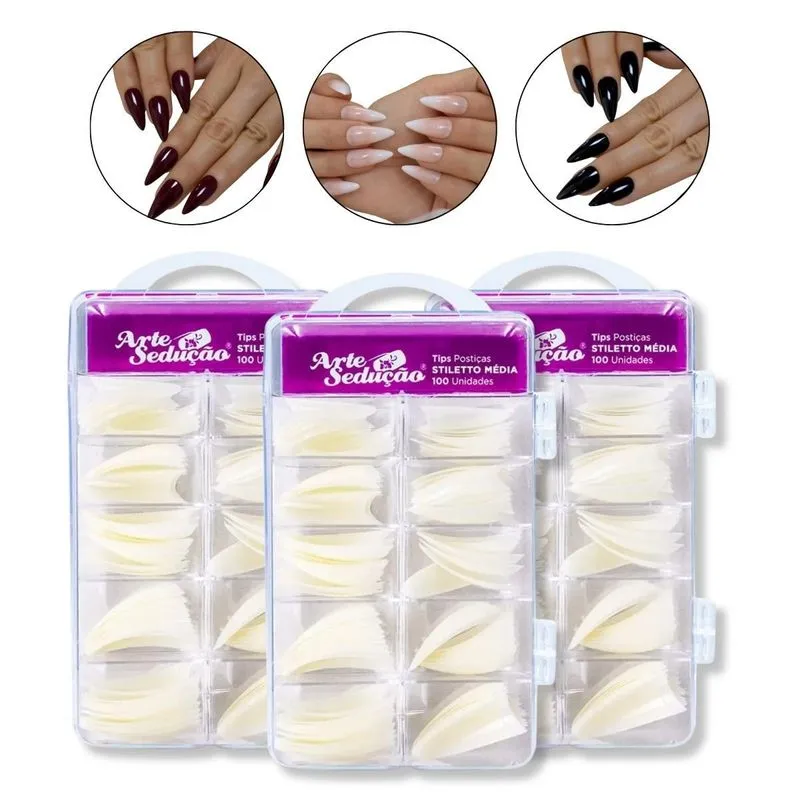 Kit 300 Tips Unha Postiça Stiletto Alongamento Arte Sedução