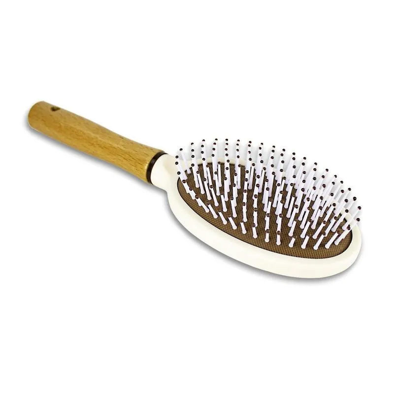 Escova De Cabelos Profissional Oval Almofadada Cabo Madeira
