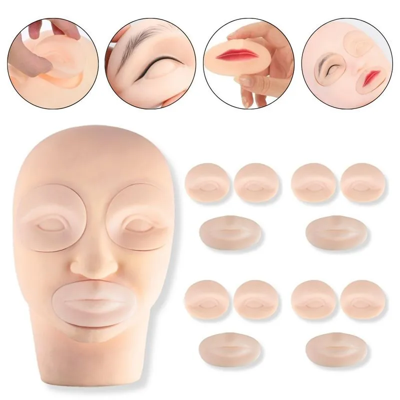 Kit Treino Cílios Make Cabeça Silicone + 5 Moldes Olhos Boca