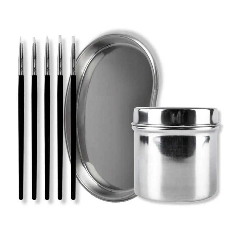 Kit 5 Pincéis Silicone +cuba Rim+ Frasco 8cm Aço Inox Odonto
