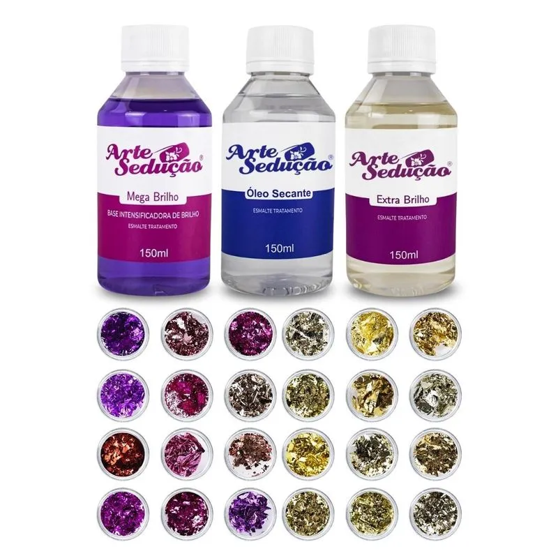 Kit Extra+ Mega Brilho + Óleo Secante 150ml + 24 Folhas Ouro