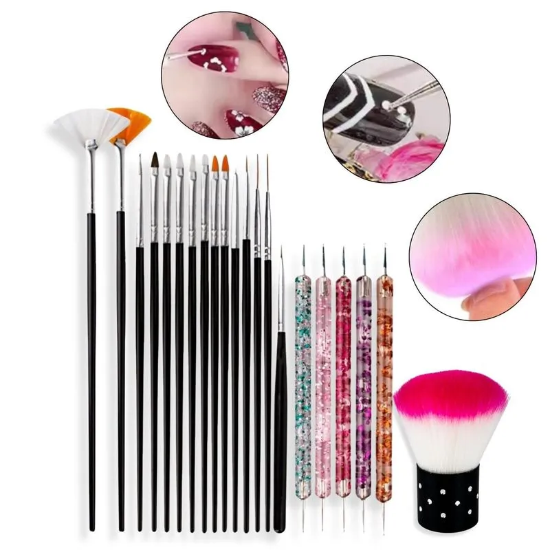 Kit 15 Pincéis Decoração Unhas + 1 Espanador + 5 Boleadores