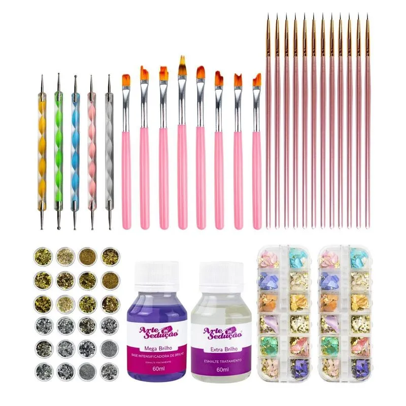 Kit Completo Decoração Unha Pincel Glitter Base Extra Brilho