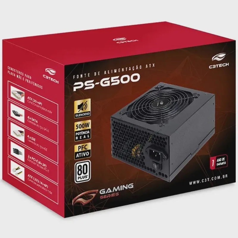 Fonte atx 500W PS-G500 80 + White C3 tech Gaming