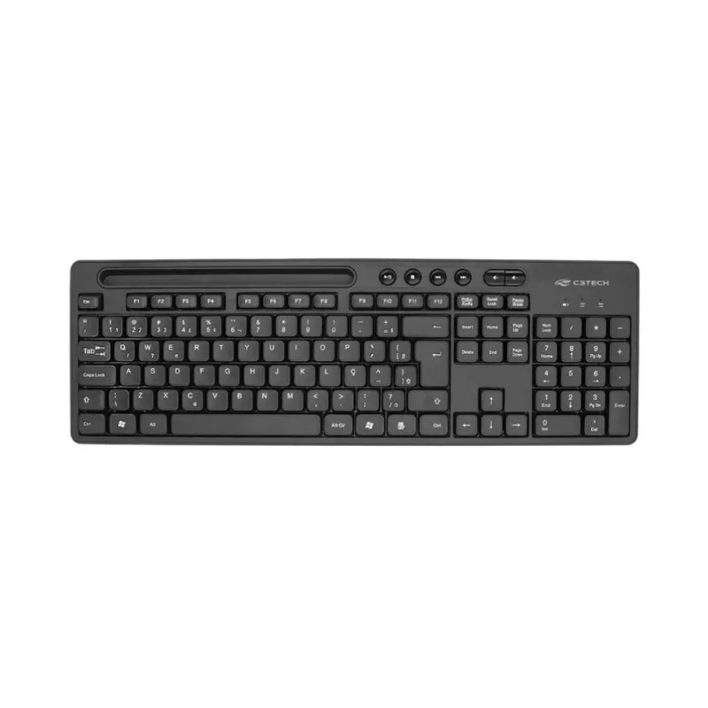 Teclado Sem Fio C3tech Kb-w100bk - Padrão Abnt2 - Conexão 2.4ghz - Com Apoio Para Smartphone - Preto