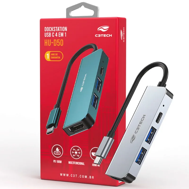 Hub USB Com Saída hdmi 4K, 2 Saídas USB e 1 Saída usb-c, C3Tech, HU-D50GY - Cinza