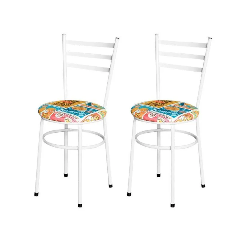 2 Cadeiras Para Mesa Epoxi Branca Assento Estampado Cor:happy Hour