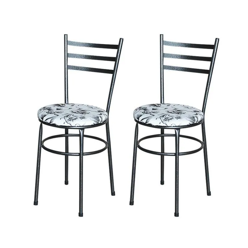 2 Cadeiras Para Cozinha Epoxi Preta Craqueada Assento Floral Cor:floral Branco