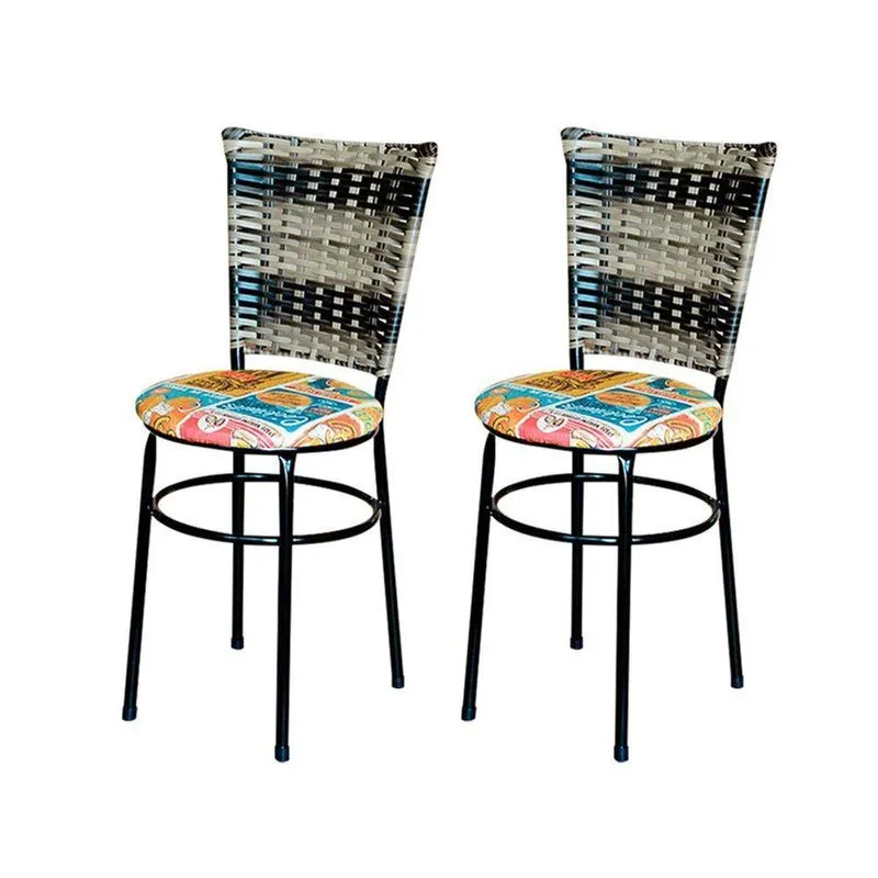 2 Cadeiras Para Cozinha Preta Hawai Cappuccino Premium Assento Floral Cor:happy Hour