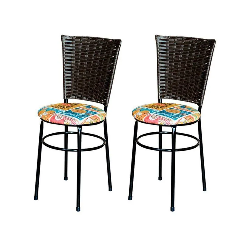 2 Cadeiras Para Cozinha Preta Hawai Marrom Assento Floral Cor:happy Hour