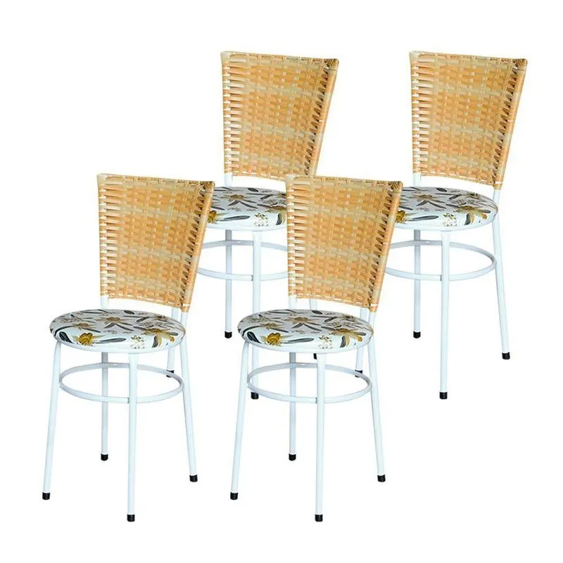 4 Cadeiras Para Mesa Branca Hawai Palha Com Assento Floral Cor: floral Orquídea