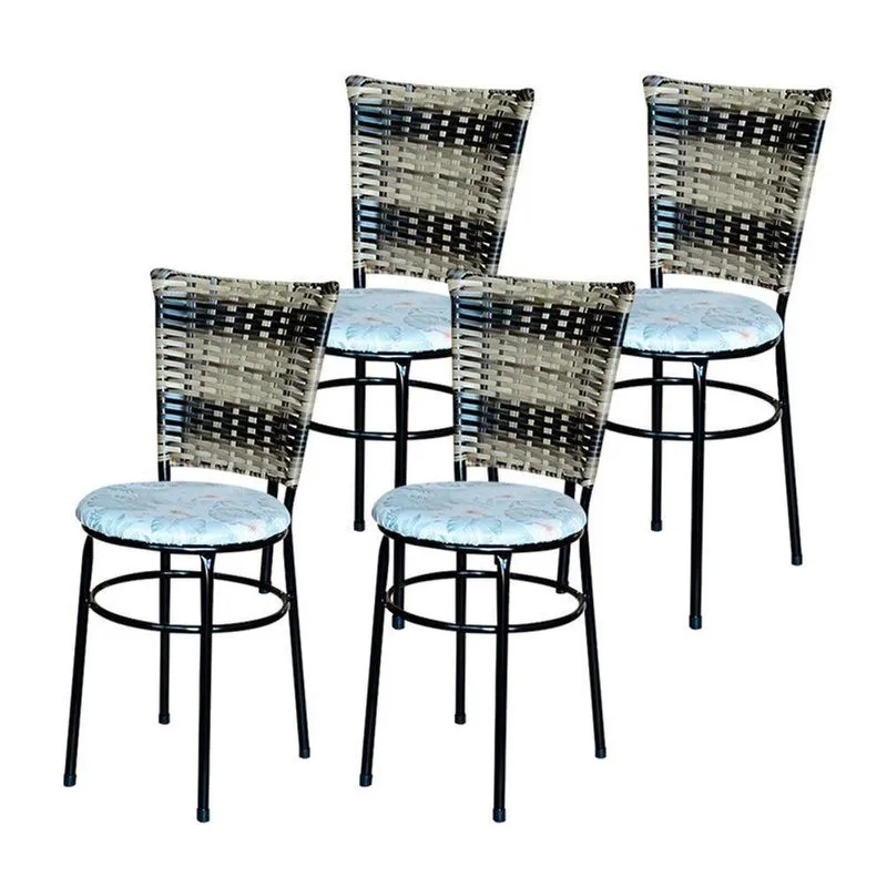 4 Cadeiras Para Mesa Preta Hawai Cappuccino Premium Assento Floral Cor:floral Gelo