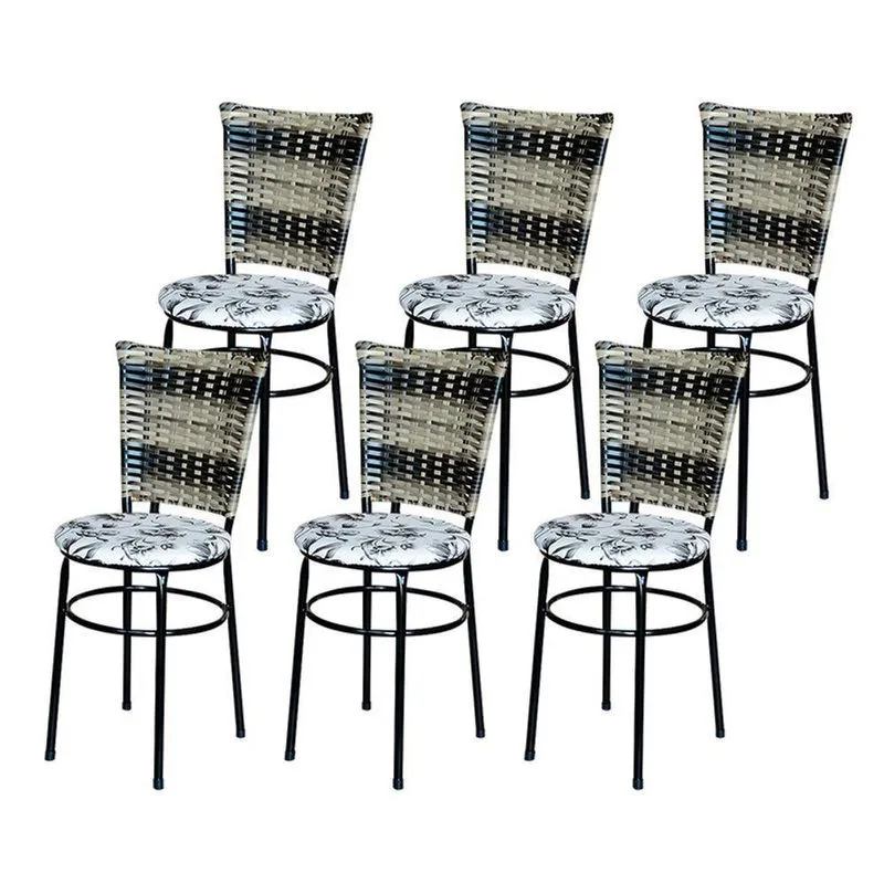 6 Cadeiras Para Cozinha Preta Hawai Cappuccino Premium Assento Floral Cor:floral Branco