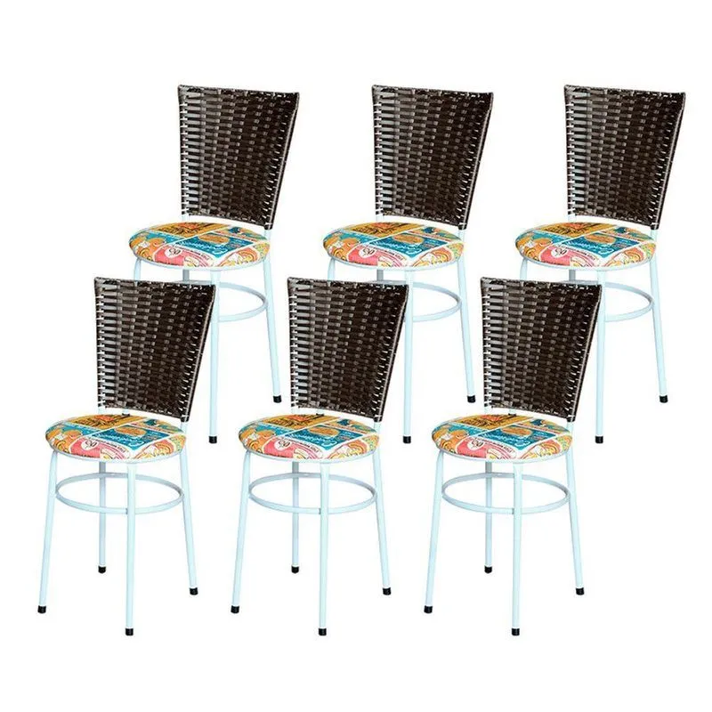 6 Cadeiras Para Mesa Branca Hawai Marrom Assento Floral Cor:happy Hour
