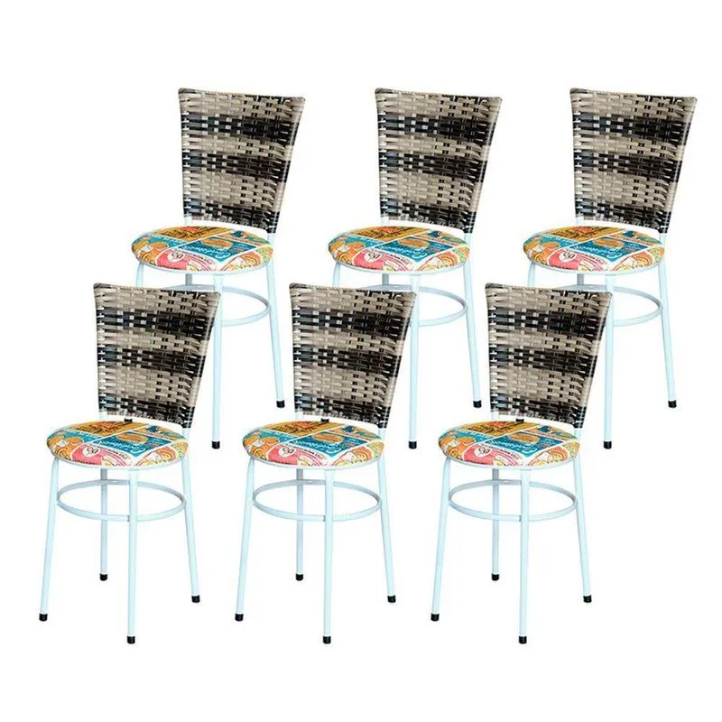 6 Cadeiras Para Mesa Branca Hawai Cappuccino Premium Assento Floral Cor:happy Hour