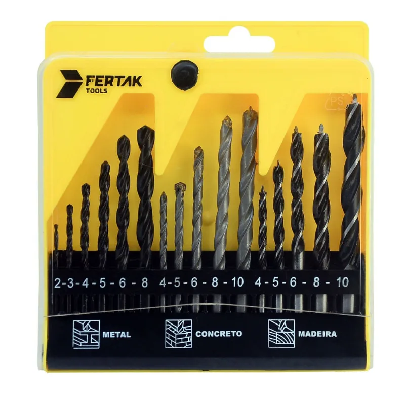 Kit de Brocas 16 Unidades Projetada Metal Concreto Madeira Fertak