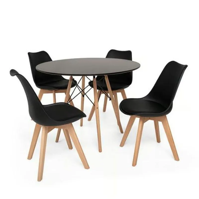 Conjunto Mesa De Jantar Eiffel 90cm Preta Com 4 Cadeiras Eames Wood Leda Preta