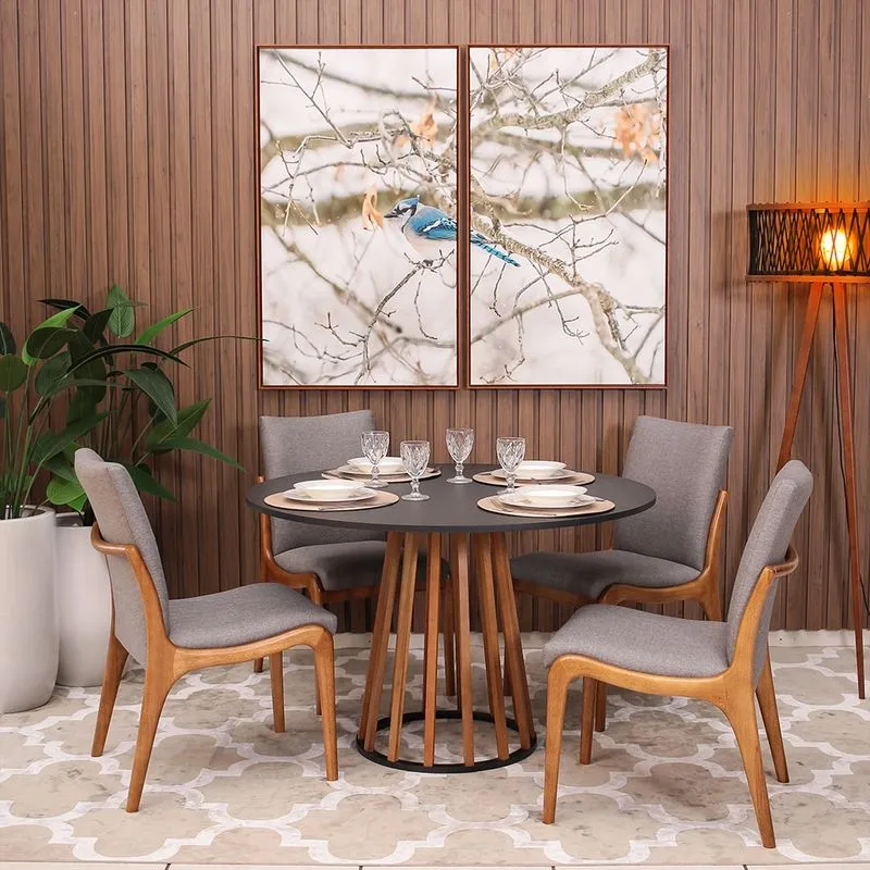 Mesa de Jantar Redonda 6 Lugares 120cm em mdf e Madeira Maciça Tália Preta