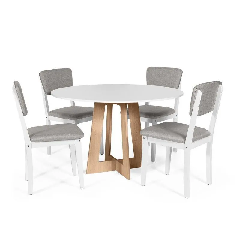 Mesa De Jantar Redonda Montreal Bran/jade Com 4 Cadeiras Estofadas Ella Branco/cinza Claro
