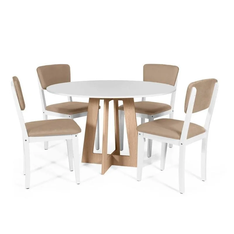 Mesa De Jantar Redonda Montreal Bran/jade Com 4 Cadeiras Estofadas Ella Branco/marrom Claro