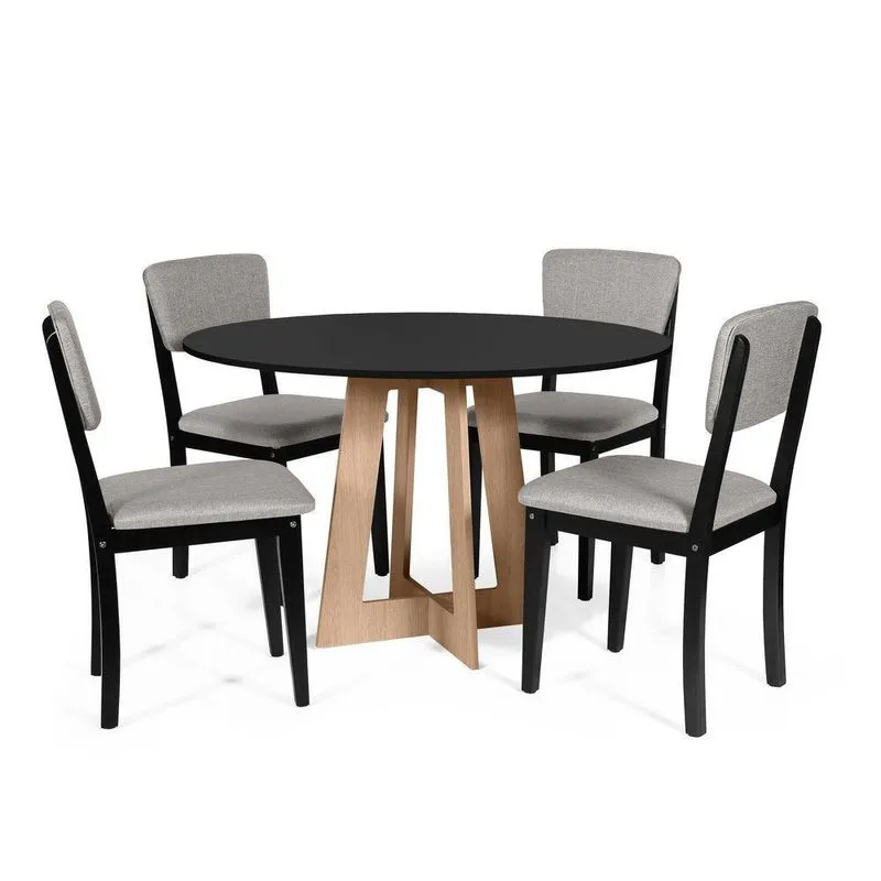 Mesa De Jantar Redonda Montreal Pret/jade Com 4 Cadeiras Estofadas Ella Preto/cinza Claro