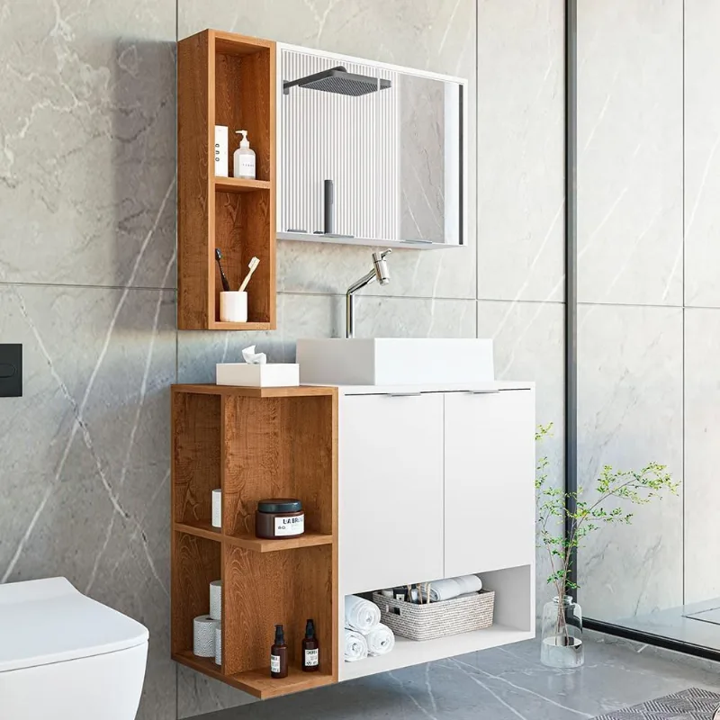 Gabinete Banheiro Star 2 Portas Com Espelheira E Cuba Dalla Branco/naturale