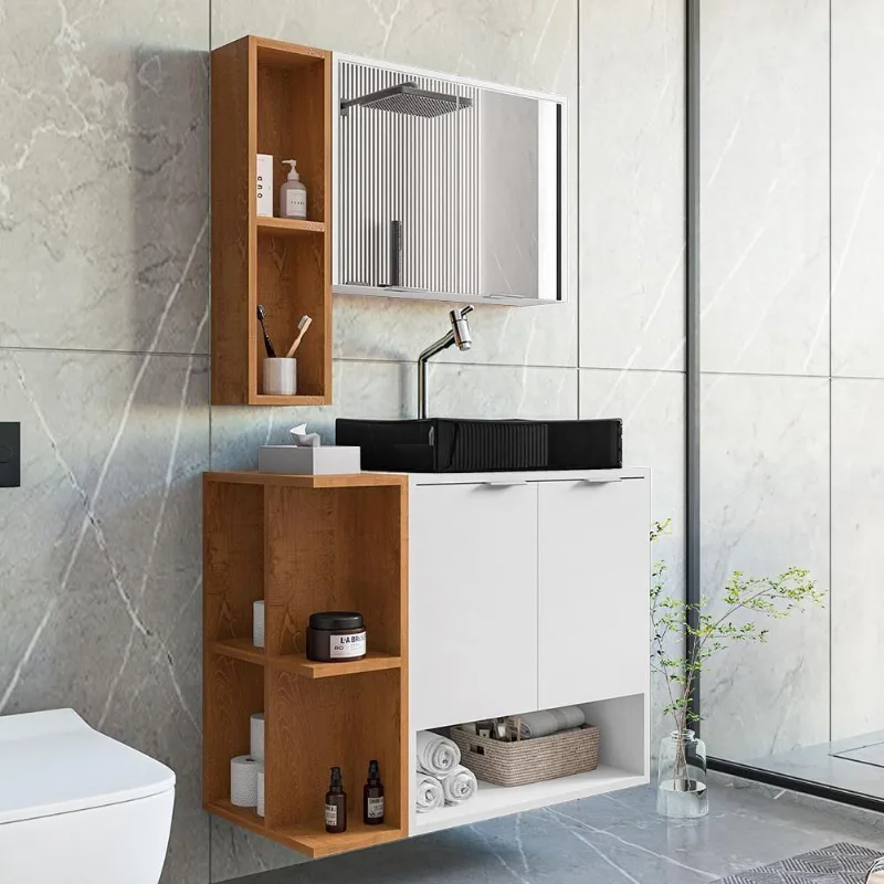 Gabinete Banheiro Star Com Espelheira E Cuba Dalla Preta Branco/naturale