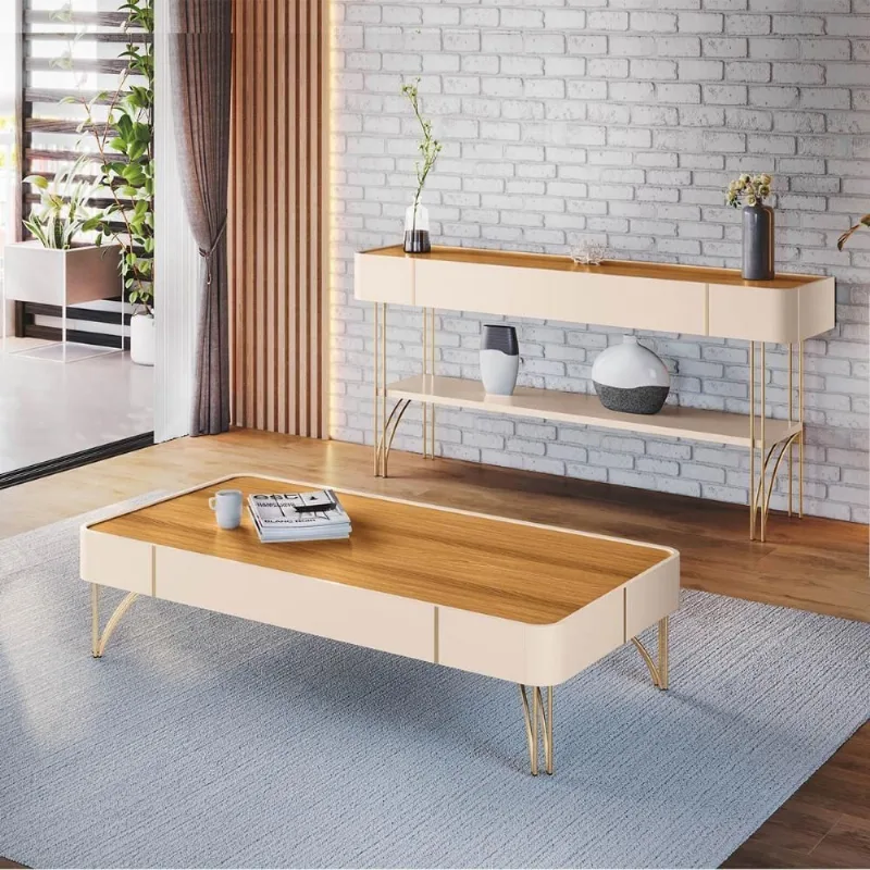 Aparador Buffet Vivant E Mesa De Centro Cadenza Pés Em Aço Off White/cinamomo