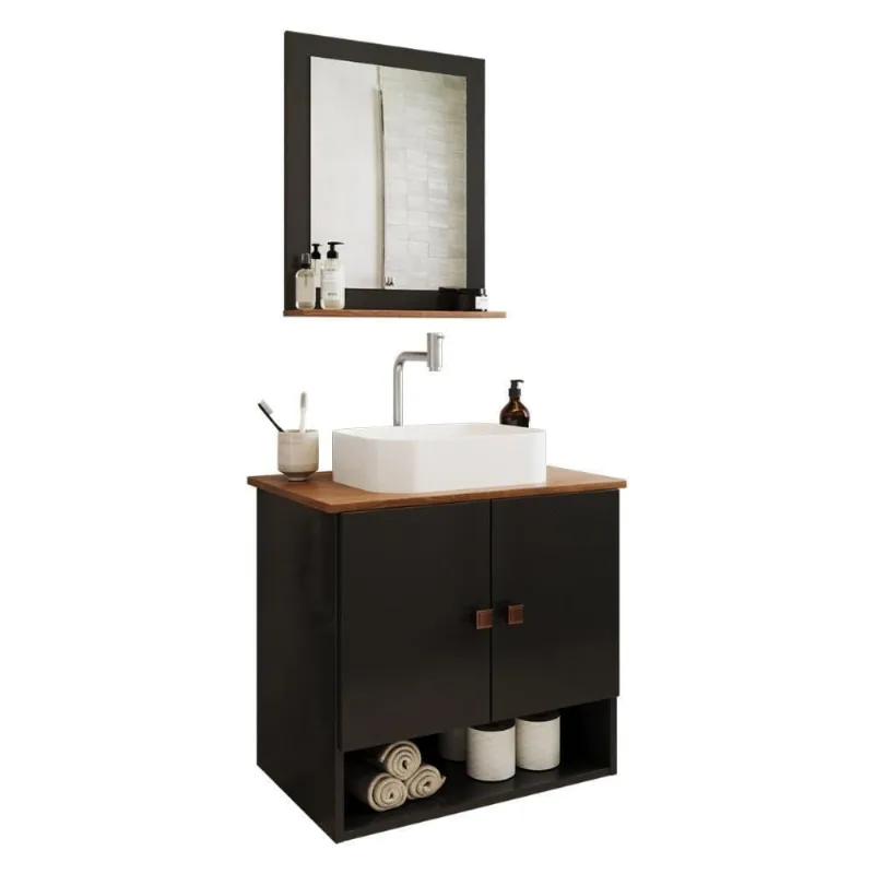 Gabinete Arm Banheiro Deli 2 Portas Com Cuba Oxford Branca Preto Fosco-nature