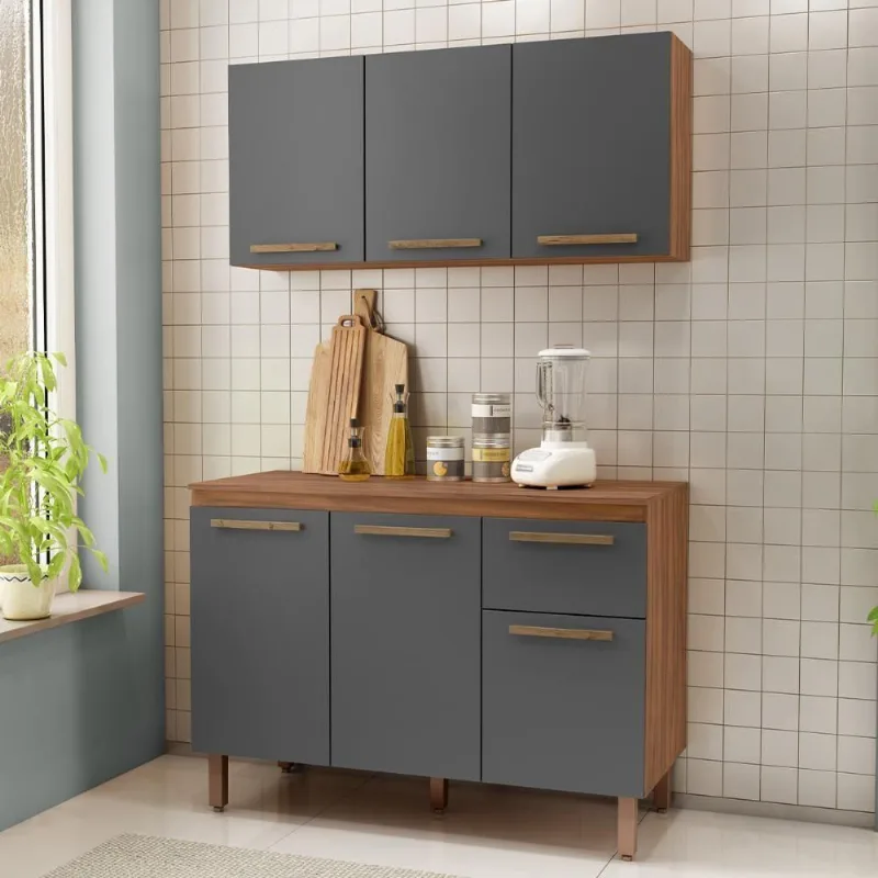 Armario De Cozinha Pop 120 Cm Com 6 Portas E 1 Gaveta Freijo/chumbo/freijo