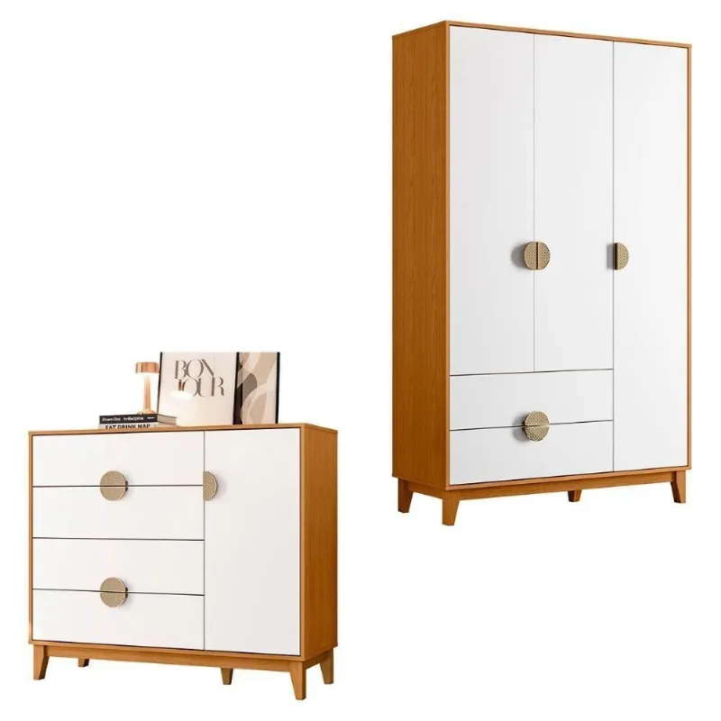 Kit Guarda Roupa Casal com Cômoda Ipê 3 Portas Bater 6 Gavetas Cinamomo-Branco MDF