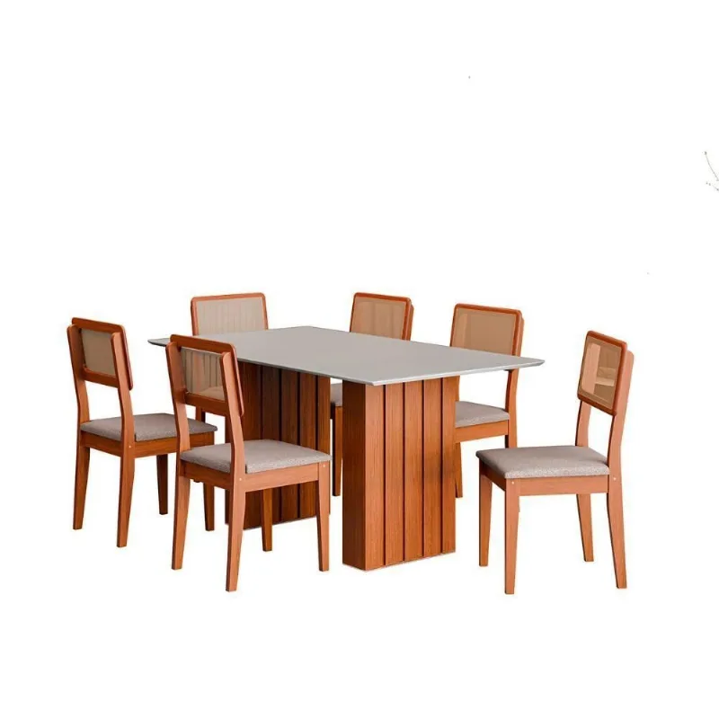Kit Mesa Jantar Santiago 160 Com Tampo De Vidro E 6 Cadeiras Cinamomo/branco/nevoa Boucle