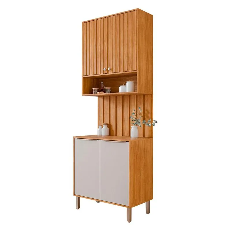 Armário Aéreo Com Balcão E Painel Ripado Divina 80cm 4 Portas Cinamomo/off White